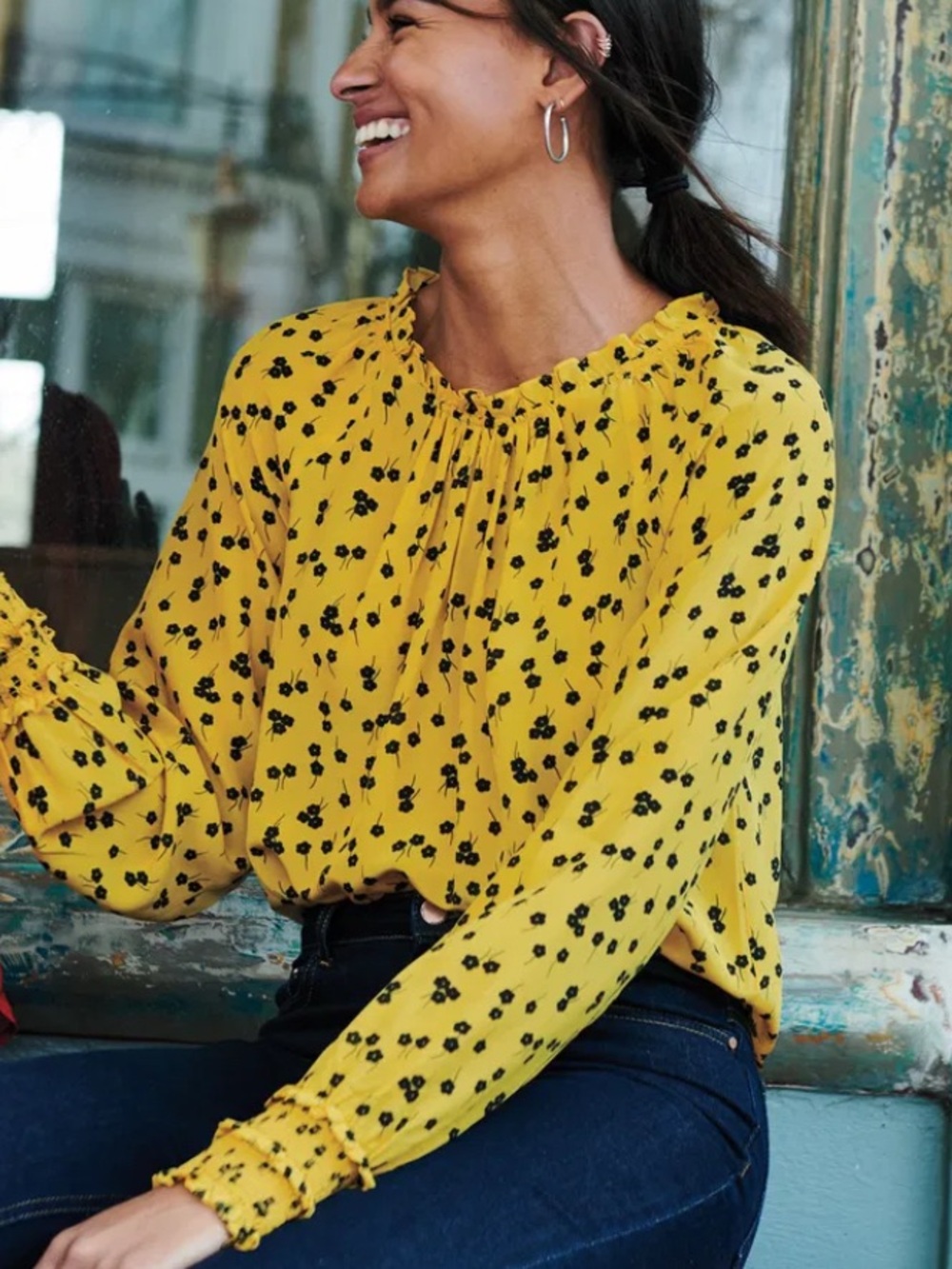Boden Yellow and Dark Navy Floral Blouse